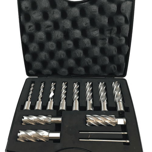 foam-lined case containing a set of spiral metal cutting tools